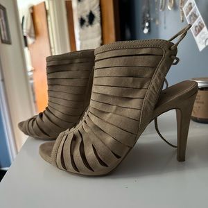 Beige, open back heels